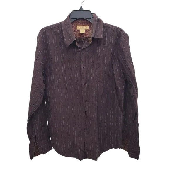 Y-Chrome Men's Vintage Brown‎ Dashed Stripe Jacquard Flip Cuff Button Up Shirt L - Picture 1 of 7